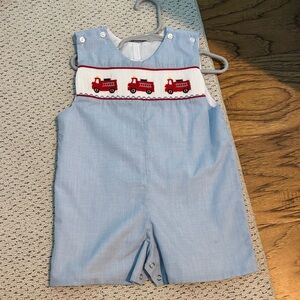 Ralph and Ruth Firetruck Jon Jon -Blue Baby Romper with Red Fire Truck Design